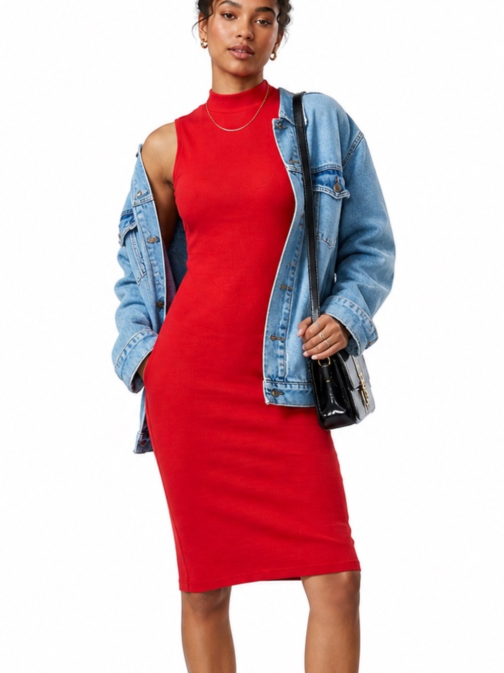 Red Ribbed Bodycon Mini Dress XS Sleeveless Mock Neck Stretch Fitted Chic